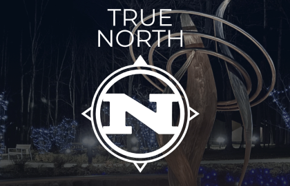 A stylized "N" logo with the words "TRUE NORTH" overlays a nighttime scene with blue-lit trees and a modern sculpture.