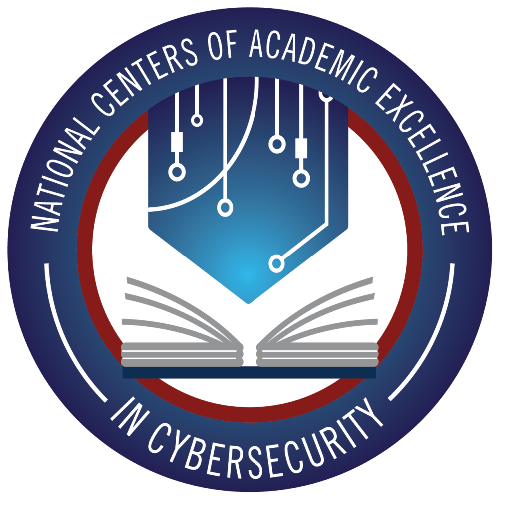 Logo of the National Centers of Academic Excellence in Cybersecurity featuring a circuit design above an open book, symbolizing cybersecurity management, all within a circular blue border.