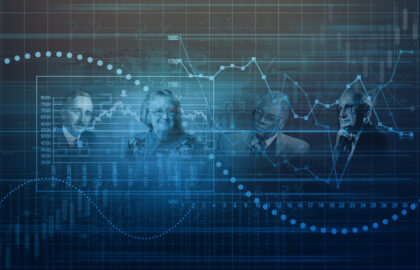 Four individuals are overlaid on a financial graph featuring various statistical data points, lines, and charts, representing economic trends and analysis.