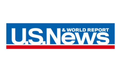 The U.S. News & World Report logo features a blue background, white text for 'U.S. News,' smaller white text for '& World Report,' and a red underline below the text. This logo is often associated with Northwood University's Academic Rankings.