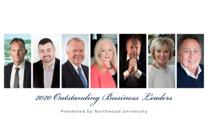 Seven business leaders in formal attire are featured in individual portraits for the "2020 Outstanding Business Leaders" award presented by Northwood University.