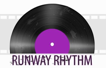 A vinyl record with a purple label centered on a gray filmstrip background. The text "Runway Rhythm" is written below the record in a bold, distressed font.