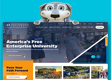 Screenshot of Northwood University's website homepage featuring a mascot at the top, with the text "America's Free Enterprise University" and navigation options. Various sections highlight programs and campus life.