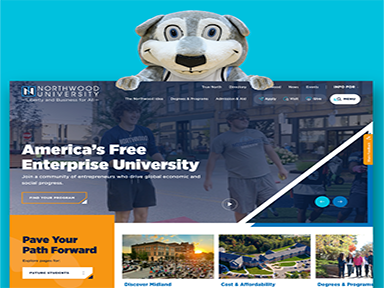 Screenshot of Northwood University's website homepage featuring a mascot at the top, with the text "America's Free Enterprise University" and navigation options. Various sections highlight programs and campus life.