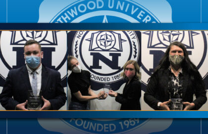 Three individuals are featured receiving awards in front of a Northwood University backdrop. They are dressed in formal attire, and two of them are masked. The Northwood University logo is prominently visible.