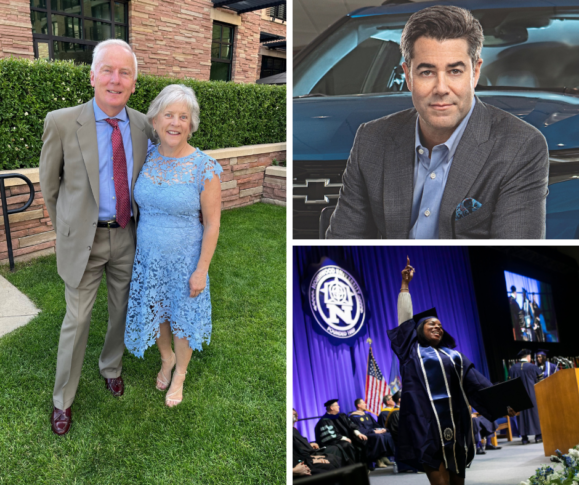 A collage featuring a smiling older couple in formal attire, a man in a suit with a car, and a graduation scene with a woman holding her diploma triumphantly on stage.