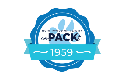 A blue circular badge with "Northwood University imPACKt" and the year "1959" displayed on a ribbon across the bottom.