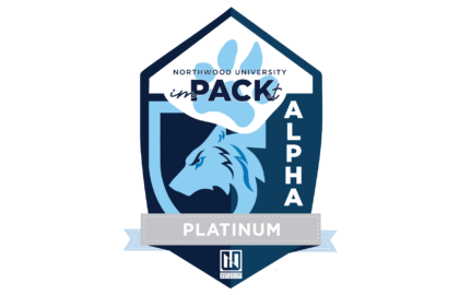 A badge from Northwood University with a blue shield featuring a wolf, the text "imPACT Alpha," and a "Platinum" ribbon at the bottom.