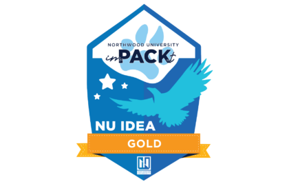 Badge with a blue phoenix and stars, labeled "Northwood University imPACKt" and "NU IDEA GOLD." Orange ribbon at the bottom with the Northwood University logo.