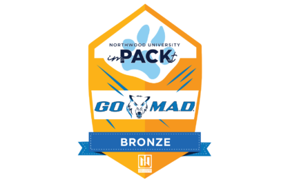 A Northwood University badge featuring the phrases "imPACKt" and "GO M.A.D." in blue text on an orange background, with a blue ribbon labeled "Bronze" at the bottom.