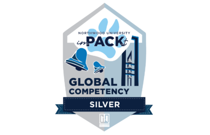 Badge displaying "Northwood University imPACKt Global Competency Silver" with illustrations of bells and a clock tower.