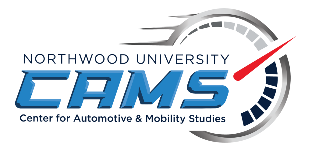 Northwood University CAMS logo featuring a speedometer with a red needle and text "Center for Automotive & Mobility Studies.