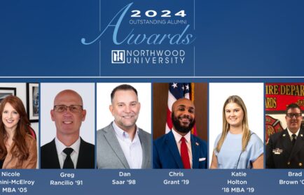 Image showing the 2024 Outstanding Alumni Awards recipients from Northwood University, including Nicole Longhini-Elroy, Greg Rancilio, Dan Saar, Chris Grant, Katie Holton, and Brad Brown.