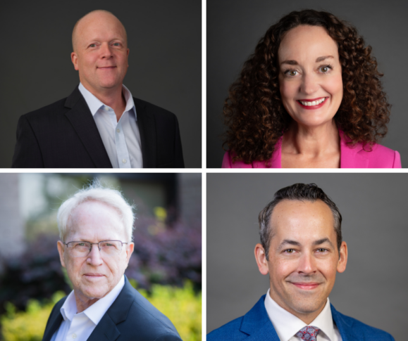 Four individuals in business attire are shown in separate headshots, each exuding professionalism. The top two wear dark suits; the bottom two opt for a light suit and a blue suit. These smoothly presented figures could easily be the faces of success in the automotive aftermarket industry.