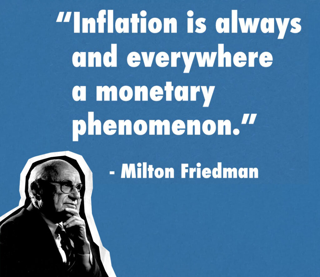 A quote by Milton Friedman states, "Inflation is always and everywhere a monetary phenomenon," featuring an image of a man in a suit. This timeless insight into the nature of inflation perfectly complements any online course on free enterprise economics.