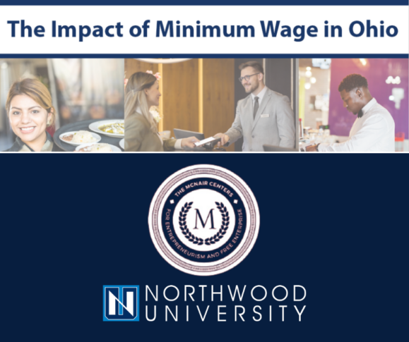 Collage illustrating various professionals with the text "The Impact of Minimum Wage in Ohio" alongside logos for McNair Center and Northwood University, highlighting key insights from a recent McNair Study.