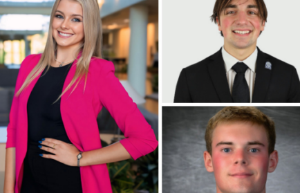 A woman in a bright pink blazer stands indoors; two men in suits appear in individual headshots on a split background to the right, featured in the December 2024 DRIVEN Newsletter.