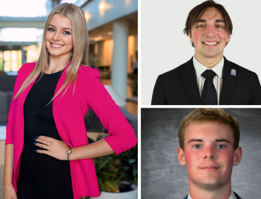 A woman in a bright pink blazer stands indoors; two men in suits appear in individual headshots on a split background to the right, featured in the December 2024 DRIVEN Newsletter.