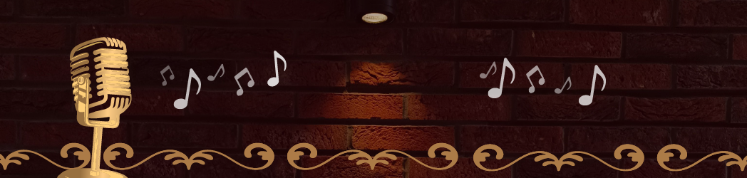 Illustration of a vintage microphone with musical notes on a brick wall background, reminiscent of a classic Stafford dinner scene. Decorative swirls embellish the bottom, adding to the nostalgic charm.