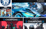 Collage of NECC esports champions showcasing title wins, featuring images from competitive gaming with Northwood University and 2025 Playfly College Esports logos.