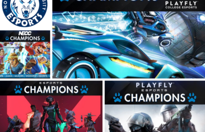 Collage of NECC esports champions showcasing title wins, featuring images from competitive gaming with Northwood University and 2025 Playfly College Esports logos.