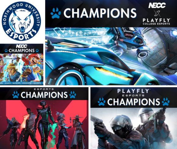 Collage of NECC esports champions showcasing title wins, featuring images from competitive gaming with Northwood University and 2025 Playfly College Esports logos.