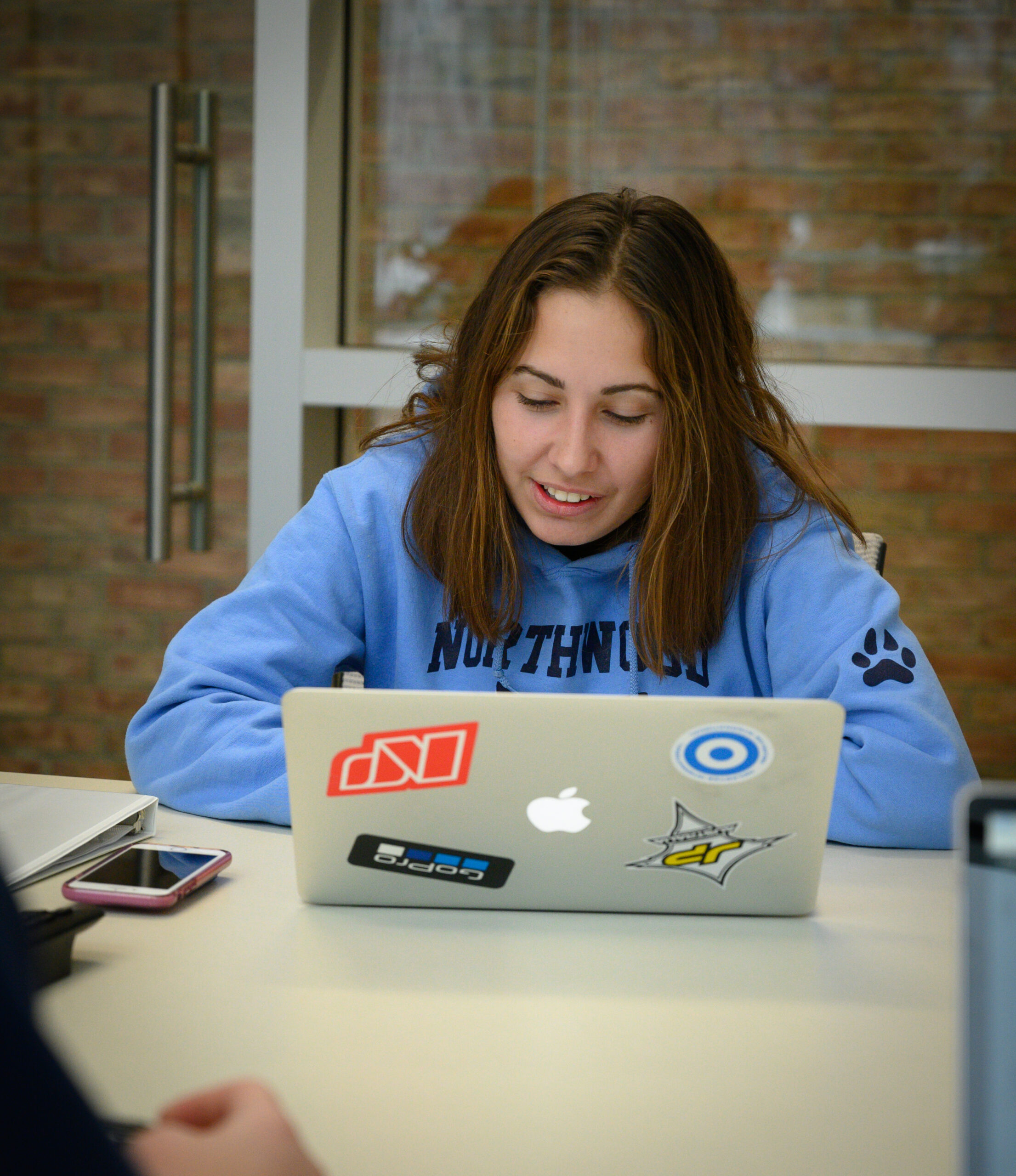 A person in a blue sweatshirt is sitting at a table, using a laptop with various stickers on it. A phone and notebook are on the table.