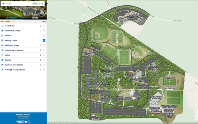 Campus map showing various labeled buildings, fields, and facilities surrounded by greenery. A sidebar lists categories like athletics, dining, and housing.