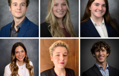 Grid of six professional headshots featuring individuals with varied hair colors and styles, all wearing business attire, against a neutral background.