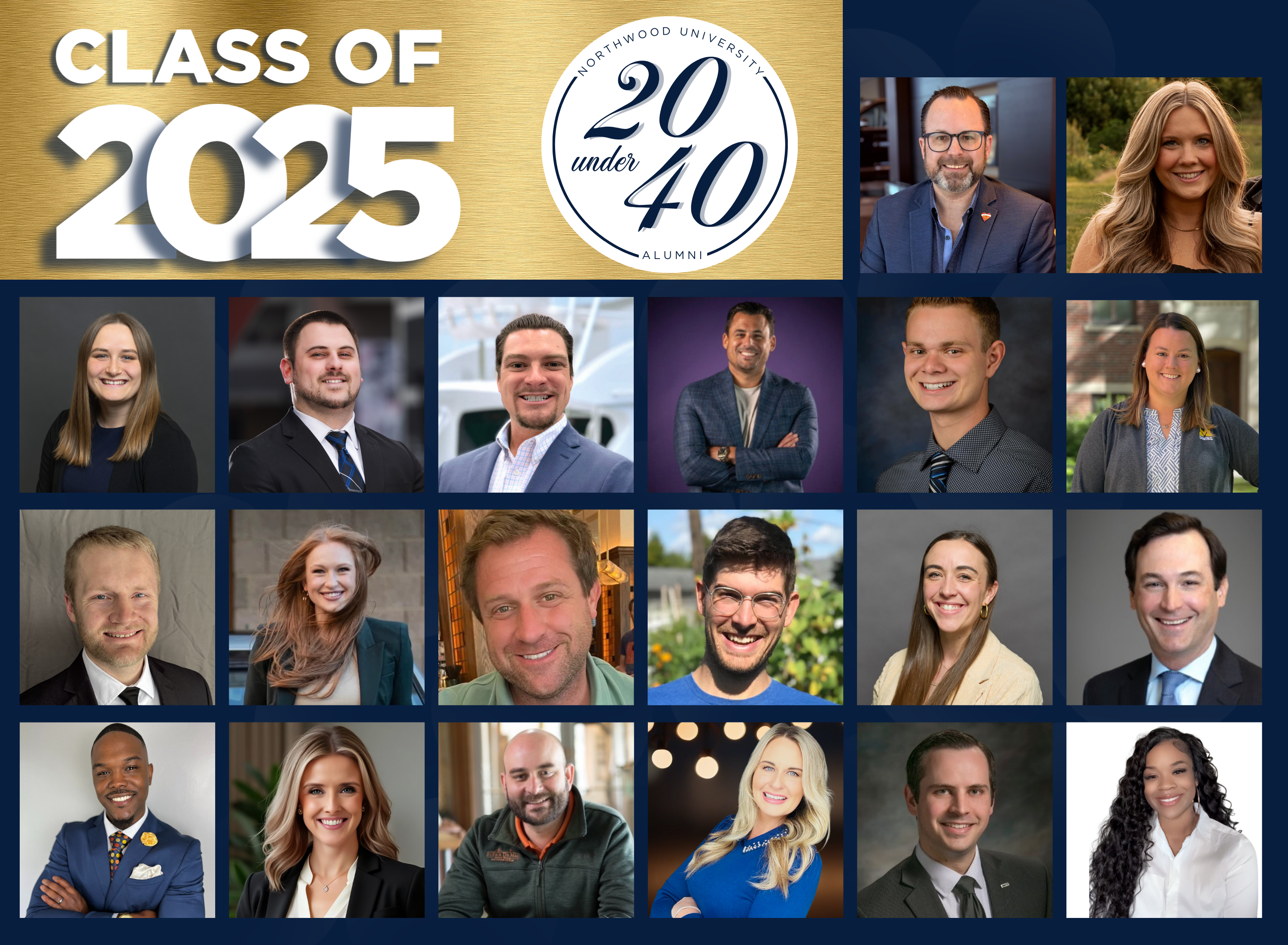 A collage titled "Class of 2025" showcases the talented honorees featured as "20 Under 40 Alumni" from Northwood University, highlighting various headshots of distinguished individuals.