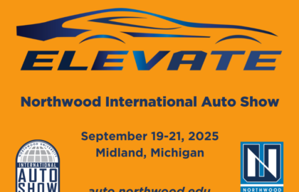 Elevate" graphic for Northwood International Auto Show, September 19-21, 2025, Midland, Michigan. Includes logos and website: auto.northwood.edu.