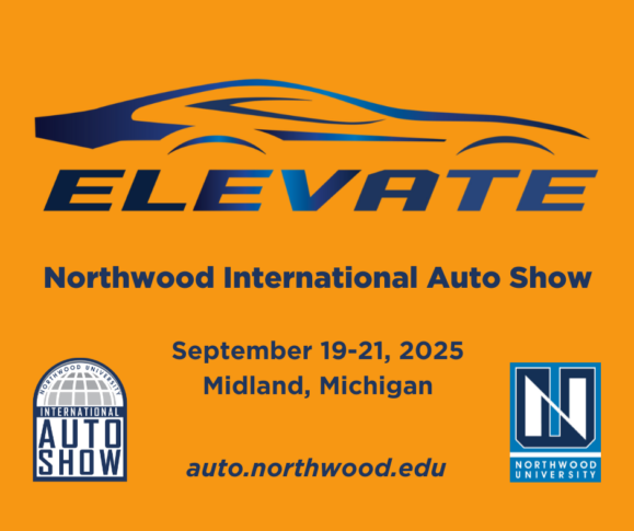 Elevate" graphic for Northwood International Auto Show, September 19-21, 2025, Midland, Michigan. Includes logos and website: auto.northwood.edu.