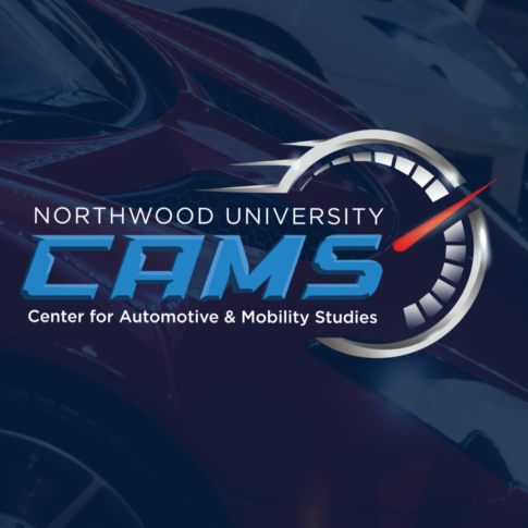 The Northwood University CAMS logo, featured in the Driven Newsletter, showcases a speedometer design with the text "Center for Automotive & Mobility Studies" elegantly set against a car backdrop.