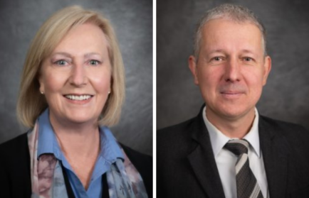 Two professional headshots: a woman with blonde hair, wearing a blue shirt and scarf on the left; a man with short hair, wearing a suit and tie on the right. Both have neutral backgrounds.