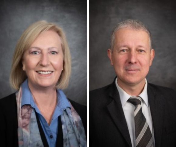 Two professional headshots: a woman with blonde hair, wearing a blue shirt and scarf on the left; a man with short hair, wearing a suit and tie on the right. Both have neutral backgrounds.