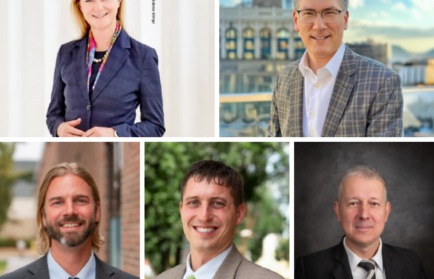 Five individuals in business attire are posed in separate portraits. Three men and one woman wear suits and one man wears a shirt with a tie. Backgrounds vary between urban and office settings.