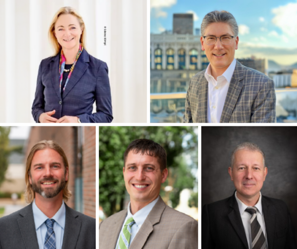 Five individuals in business attire are posed in separate portraits. Three men and one woman wear suits and one man wears a shirt with a tie. Backgrounds vary between urban and office settings.