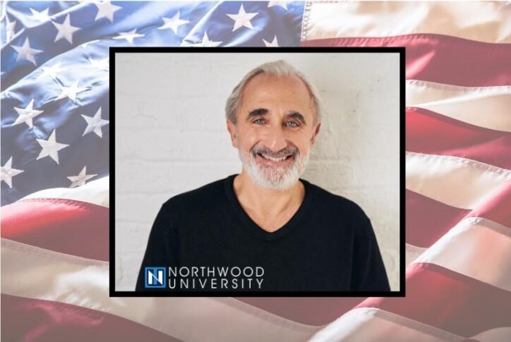 A smiling gray-haired man in a black shirt is pictured in front of a white background. The image is framed over an American flag with a Northwood University logo at the bottom.