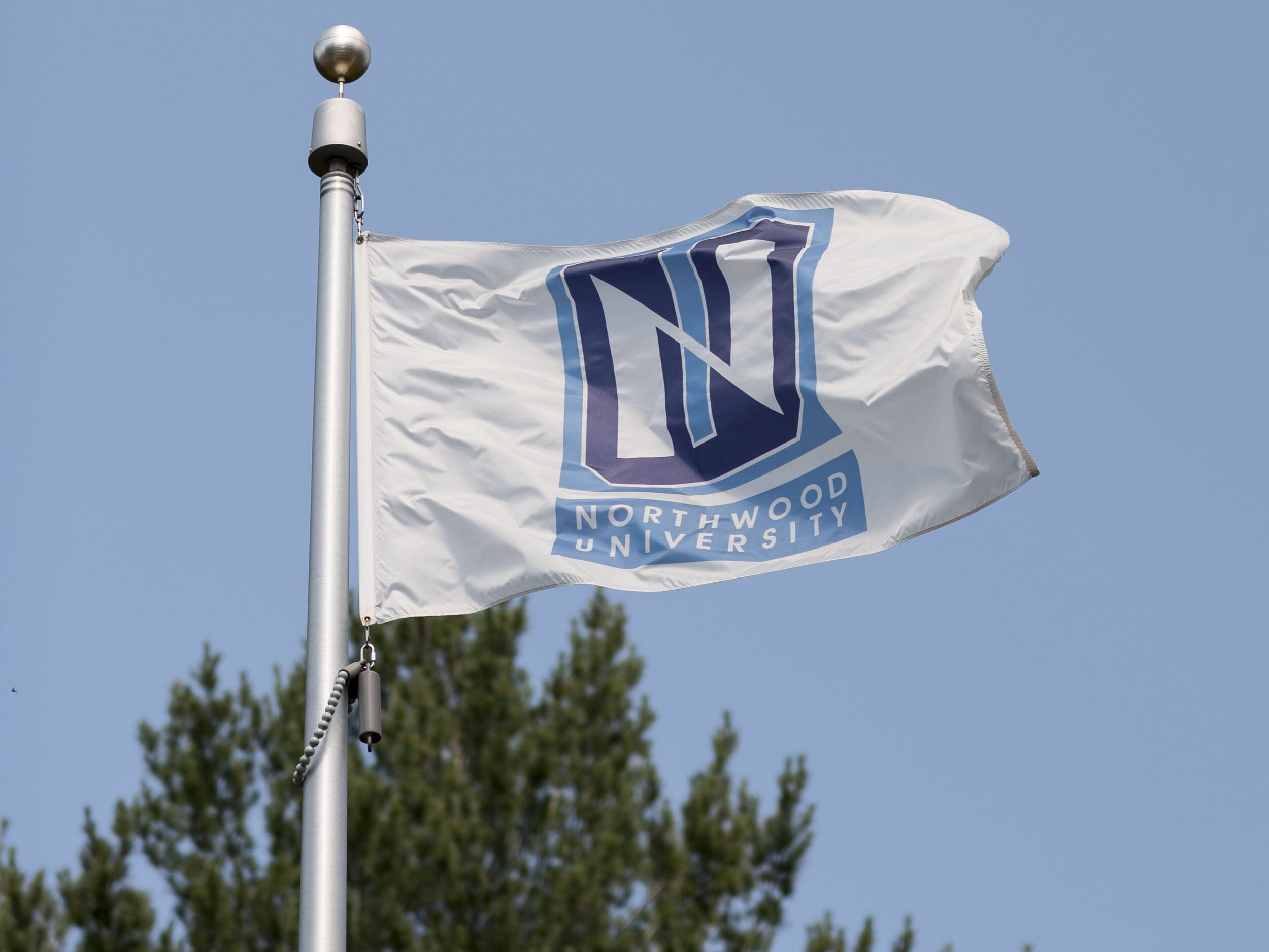 A flag with the Northwood University logo is flying on a flagpole against a clear sky with trees in the background.