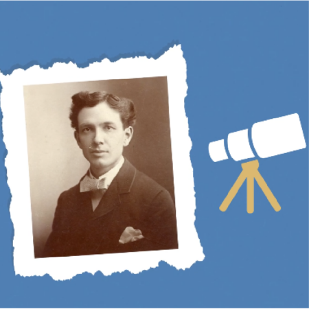 A sepia portrait of a young man in a suit and bow tie is set against a blue background with a white telescope illustration on the right, accented by subtle flags that evoke a sense of freedom.