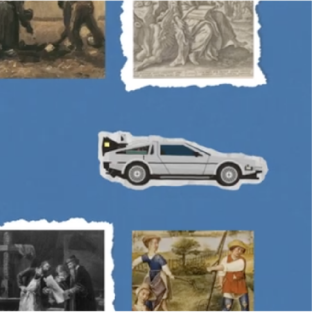 A collage on a blue background featuring historical paintings, flags, and a sticker of a silver sports car with a yellow light—celebrating freedom and creativity through art.
