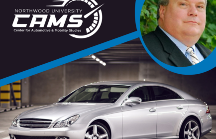 A silver sedan in a garage, the Northwood University CAMS logo, and a headshot of a man in a suit on a blue circular background.