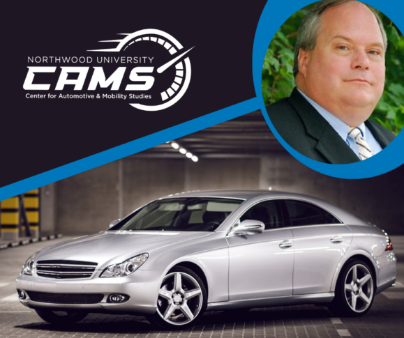 A silver sedan in a garage, the Northwood University CAMS logo, and a headshot of a man in a suit on a blue circular background.