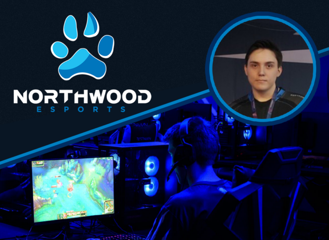 Northwood Esports logo, a gamer at a PC playing League of Legends, and a headshot of a team member or player in the top right corner.