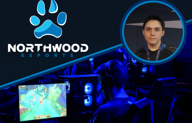 Northwood Esports logo, a gamer at a PC playing League of Legends, and a headshot of a team member or player in the top right corner.