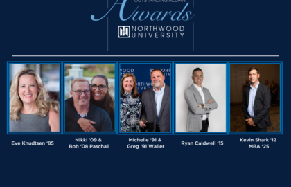 A banner for the 2025 Outstanding Alumni Awards at Northwood University features photos of distinguished alumni Eve Knudtsen, Nikki and Bob Paschall, Michelle and Greg Waller, Ryan Caldwell, and Kevin Shark.
