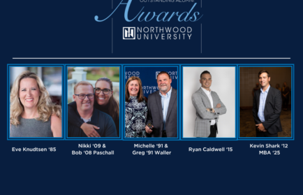 A banner for the 2025 Outstanding Alumni Awards at Northwood University features photos of distinguished alumni Eve Knudtsen, Nikki and Bob Paschall, Michelle and Greg Waller, Ryan Caldwell, and Kevin Shark.