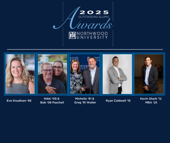 A banner for the 2025 Outstanding Alumni Awards at Northwood University features photos of distinguished alumni Eve Knudtsen, Nikki and Bob Paschall, Michelle and Greg Waller, Ryan Caldwell, and Kevin Shark.