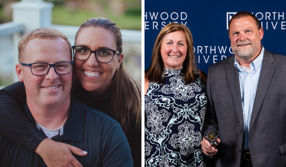 Left: A woman hugs a man from behind and smiles at the camera outdoors. Right: A man and woman pose together, celebrating his Outstanding Alumni award in front of a Northwood University backdrop.