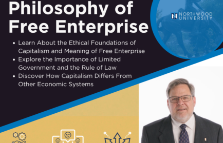 Promotional graphic for a free online course on the philosophy of capitalism and free enterprise, featuring key topics and a man in a suit with glasses standing on the right, inspired by the Northwood Idea.